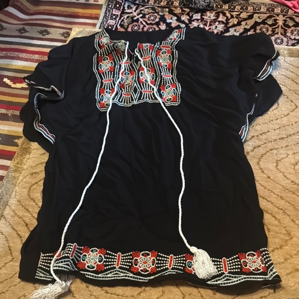 Embroidered Black Peasant Top with Red & Turquoise Accents one size